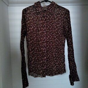 Vintage Y2K Style Book Brown Floral Print Button Up Collared Top Size Small